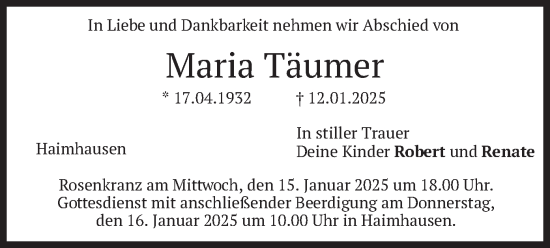 Todesanzeige von Maria Täumer von merkurtz