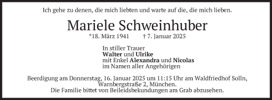 Todesanzeige von Mariele Schweinhuber von merkurtz