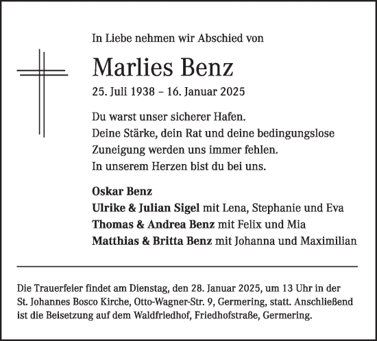 Todesanzeige von Marlies Benz von merkurtz