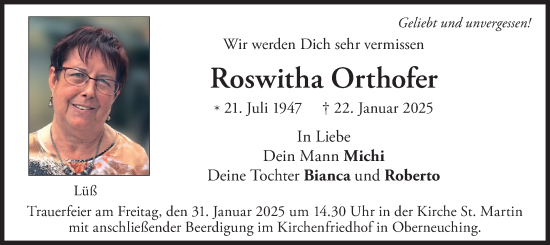 Todesanzeige von Roswitha Orthofer von merkurtz