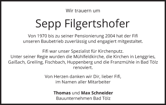 Todesanzeige von Sepp Filgertshofer von merkurtz