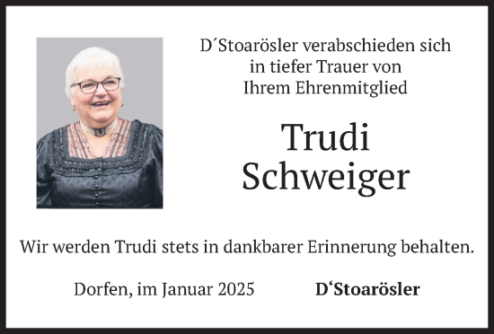 Todesanzeige von Trudi Schweiger von merkurtz