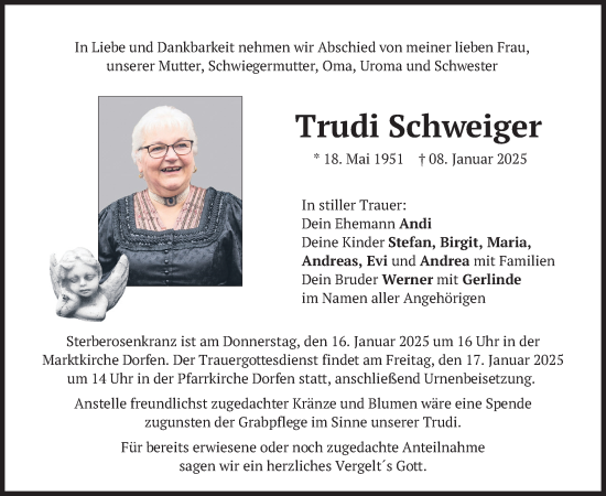 Todesanzeige von Trudi Schweiger von merkurtz