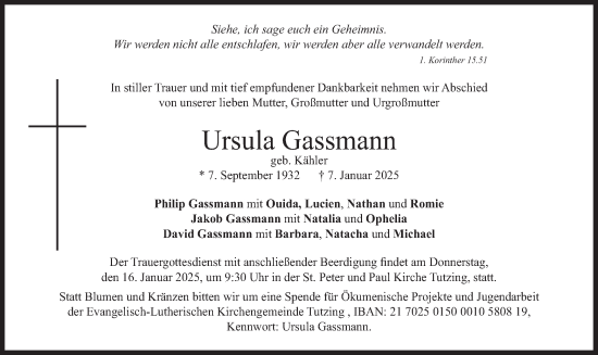 Todesanzeige von Ursula Gassmann von merkurtz