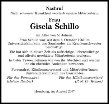 Todesanzeige von Gisela Schillo von SAARBRÜCKER ZEITUNG