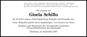 Todesanzeige von Gisela Schillo von SAARLAND OST