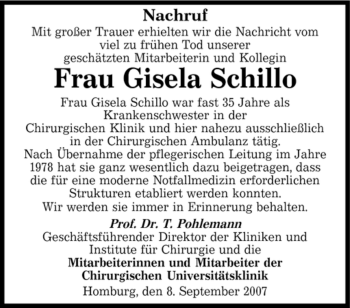 Todesanzeige von Gisela Schillo von SAARLAND OST