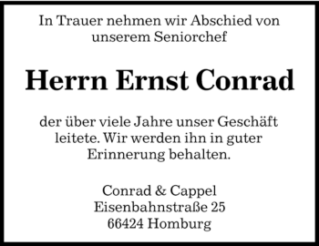 Todesanzeige von Ernst Conrad von SAARBRÜCKER ZEITUNG