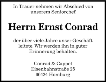 Todesanzeige von Ernst Conrad von SAARBRÜCKER ZEITUNG