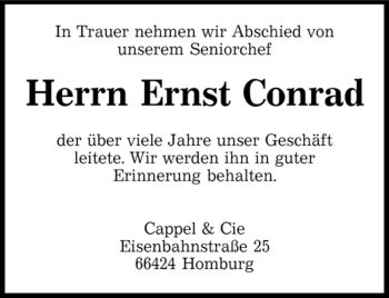 Todesanzeige von Ernst Conrad von SAARBRÜCKER ZEITUNG