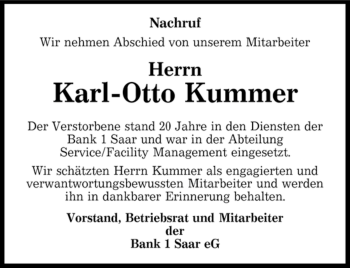 Todesanzeige von Karl-Otto Kummer von SAARBRÜCKER ZEITUNG