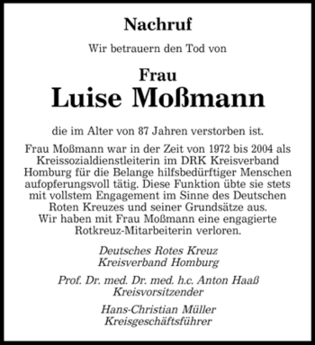 Todesanzeige von Luise Moßmann von SAARBRÜCKER ZEITUNG