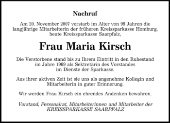 Todesanzeige von Maria Kirsch von SAARBRÜCKER ZEITUNG