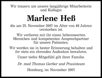 Todesanzeige von Marlene Heß von SAARBRÜCKER ZEITUNG