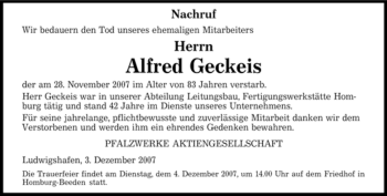 Todesanzeige von Alfred Geckeis von SAARBRÜCKER ZEITUNG