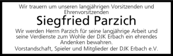 Todesanzeige von Siegfried Parzich von SAARBRÜCKER ZEITUNG