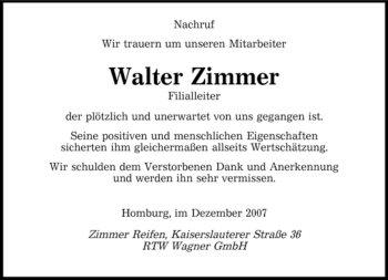 Todesanzeige von Walter Zimmer von SAARBRÜCKER ZEITUNG