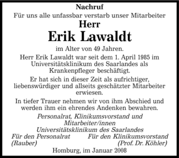 Todesanzeige von Erik Lawaldt von SAARBRÜCKER ZEITUNG