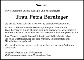 Todesanzeige von Petra Berninger von SAARBRÜCKER ZEITUNG