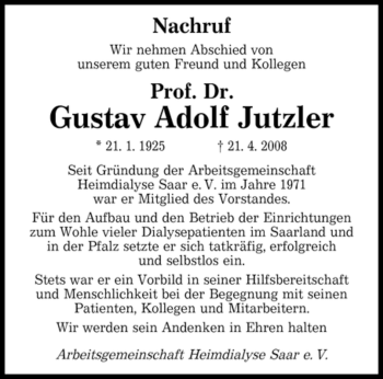 Todesanzeige von Gustav Adolf Jutzler von SAARBRÜCKER ZEITUNG