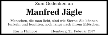 Todesanzeige von Manfred Jägle von SAARBRÜCKER ZEITUNG