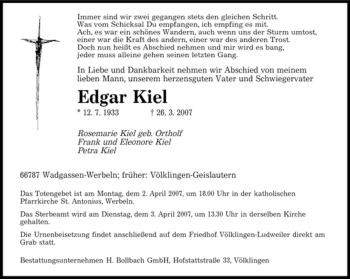 Todesanzeige von Edgar Kiel von SAARBRÜCKER ZEITUNG