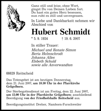 Todesanzeige von Hubert Schmidt von SAARBRÜCKER ZEITUNG