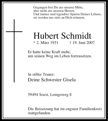 Todesanzeige von Hubert Schmidt 