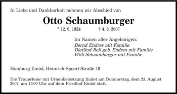 Todesanzeige von Otto Schaumburger von SAARBRÜCKER ZEITUNG