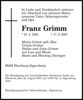 Todesanzeige von Franz Grimm von SAARBRÜCKER ZEITUNG