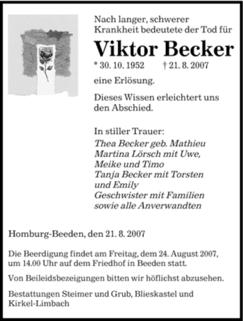 Todesanzeige von Viktor Becker von SAARBRÜCKER ZEITUNG