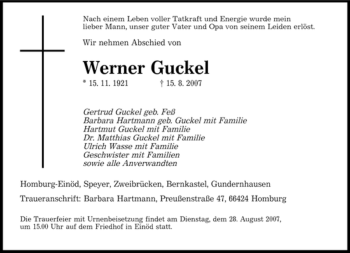 Todesanzeige von Werner Guckel von SAARBRÜCKER ZEITUNG