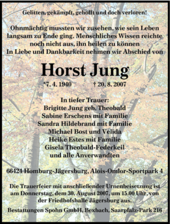 Todesanzeige von Horst Jung von SAARBRÜCKER ZEITUNG