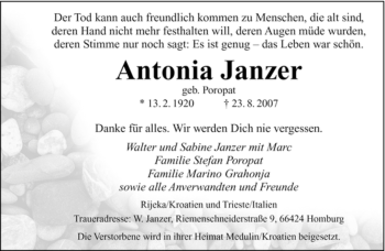 Todesanzeige von Antonia Janzer von SAARBRÜCKER ZEITUNG