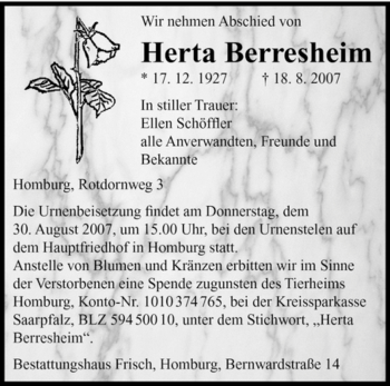 Todesanzeige von Herta Berresheim von SAARBRÜCKER ZEITUNG