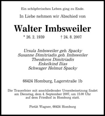 Todesanzeige von Walter Imbsweiler von SAARBRÜCKER ZEITUNG