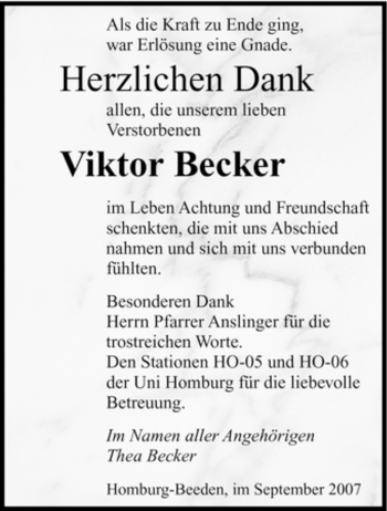 Todesanzeige von Viktor Becker von SAARBRÜCKER ZEITUNG