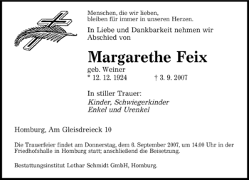 Todesanzeige von Margarethe Feix von SAARLAND OST