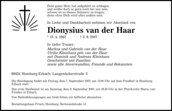 Todesanzeige von Dionysius Van der Haar von SAARLAND OST