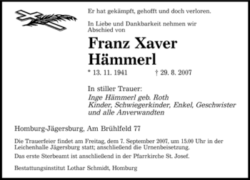 Todesanzeige von Franz Xaver Hämmerl von SAARLAND OST