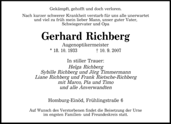 Todesanzeige von Gerhard Richberg von SAARLAND OST