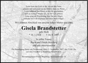 Todesanzeige von Gisela Brandstetter von SAARLAND OST