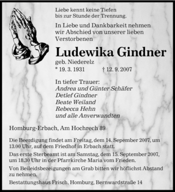 Todesanzeige von Ludewika Gindner von SAARLAND OST