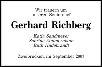 Todesanzeige von Gerhard Richberg von SAARBRÜCKER ZEITUNG