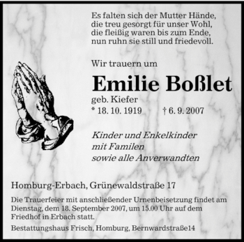 Todesanzeige von Emilie Boßlet von SAARLAND OST