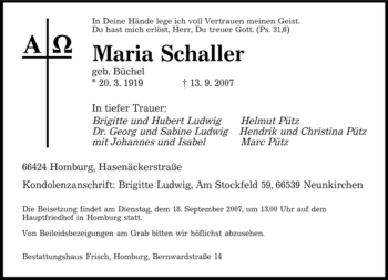 Todesanzeige von Maria Schaller von SAARBRÜCKER ZEITUNG