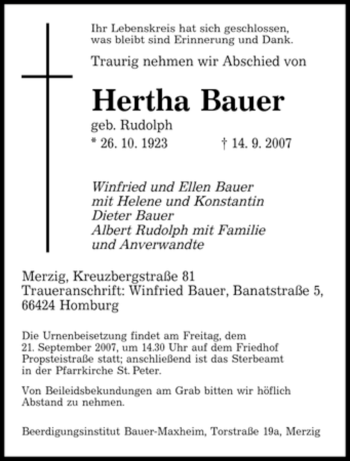 Todesanzeige von Hertha Bauer von SAARBRÜCKER ZEITUNG