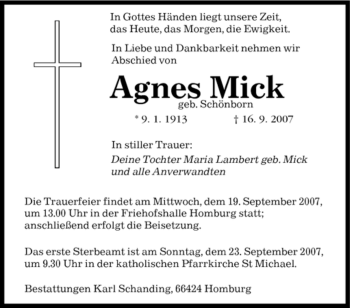 Todesanzeige von Agnes Mick von SAARLAND OST