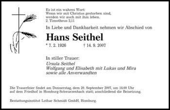 Todesanzeige von Hans Seithel von SAARBRÜCKER ZEITUNG