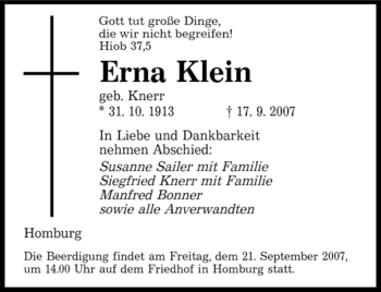 Todesanzeige von Erna Klein von SAARBRÜCKER ZEITUNG